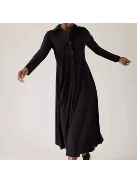 Athleta Dresses & Skirts - Athleta Black Midi Shirt Dress W/ Collar & Long Sleeves Button Front Size M